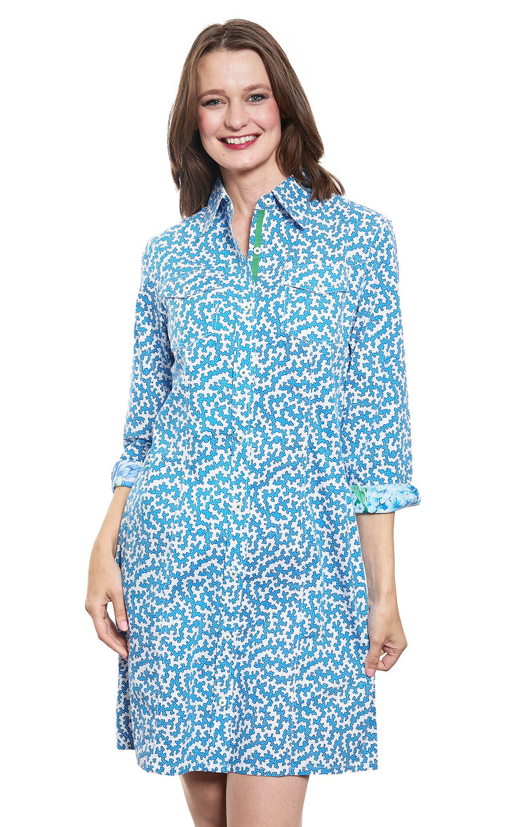 Sag Harbor Shirtdress Blue and Pink Coral Print Stretch Poplin