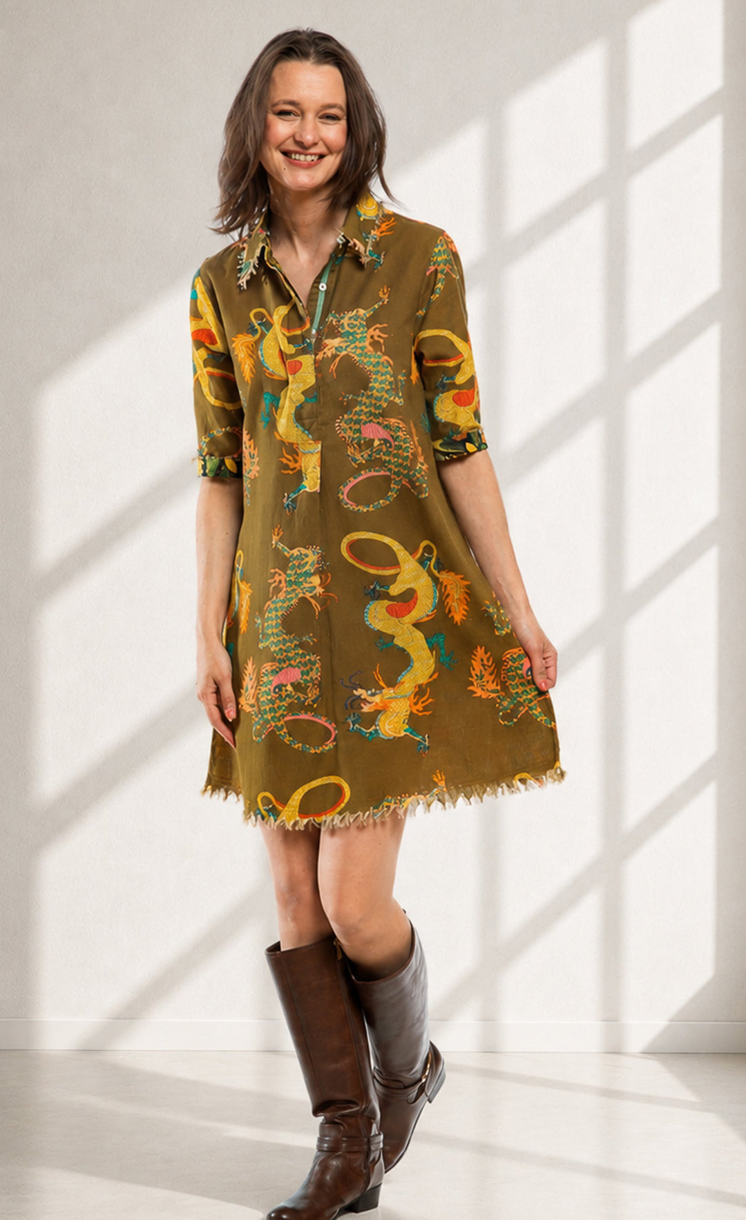 Chatham Dress Olive Dragon Print