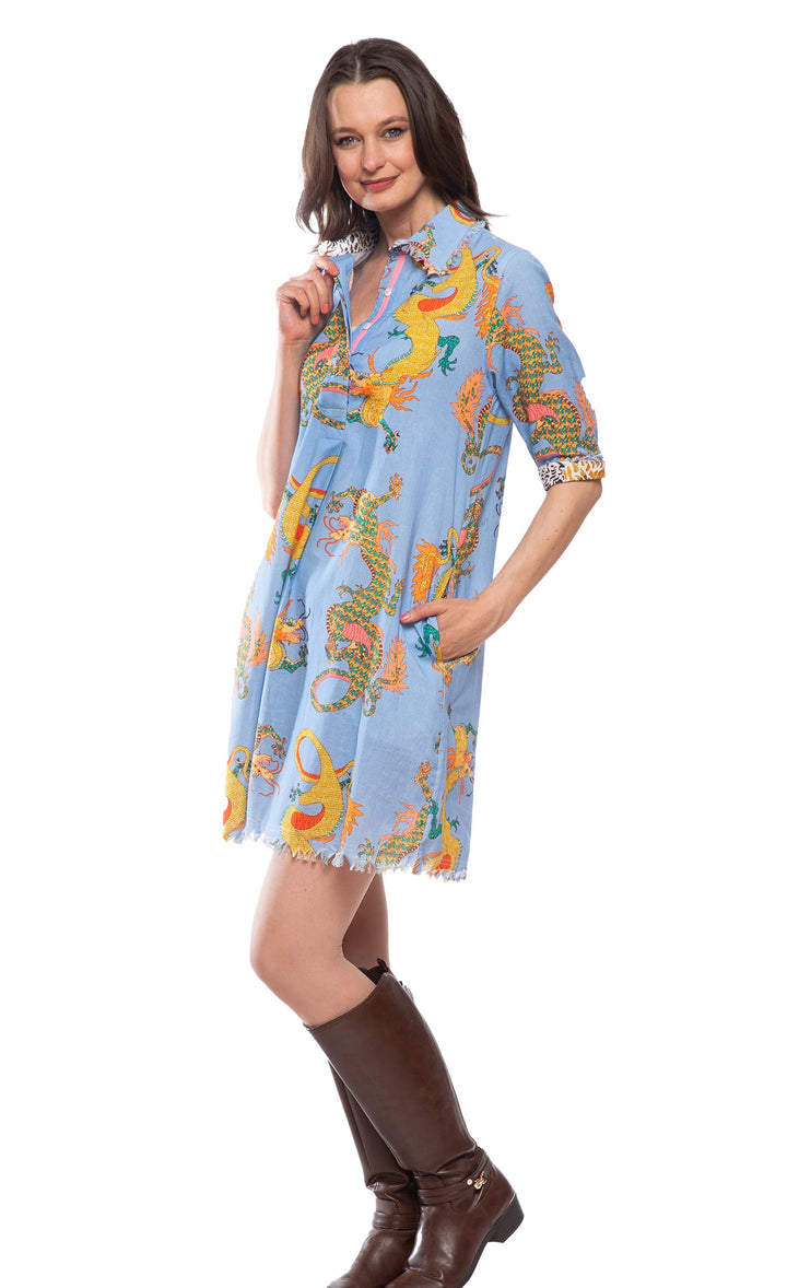 Chatham Dress Blue Dragon Print