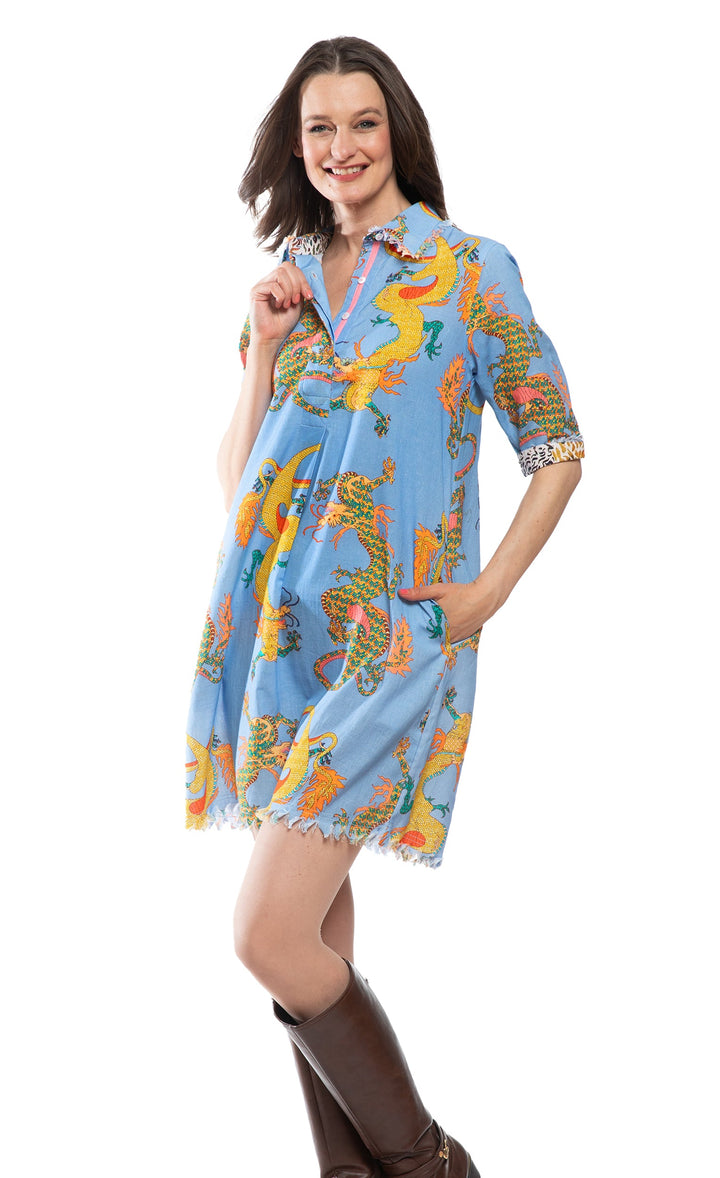 Chatham Dress Blue Dragon Print