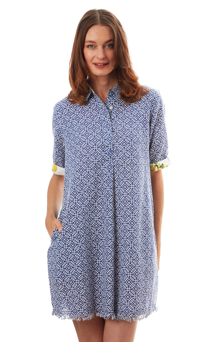 Chatham Dress Blue White Geometric