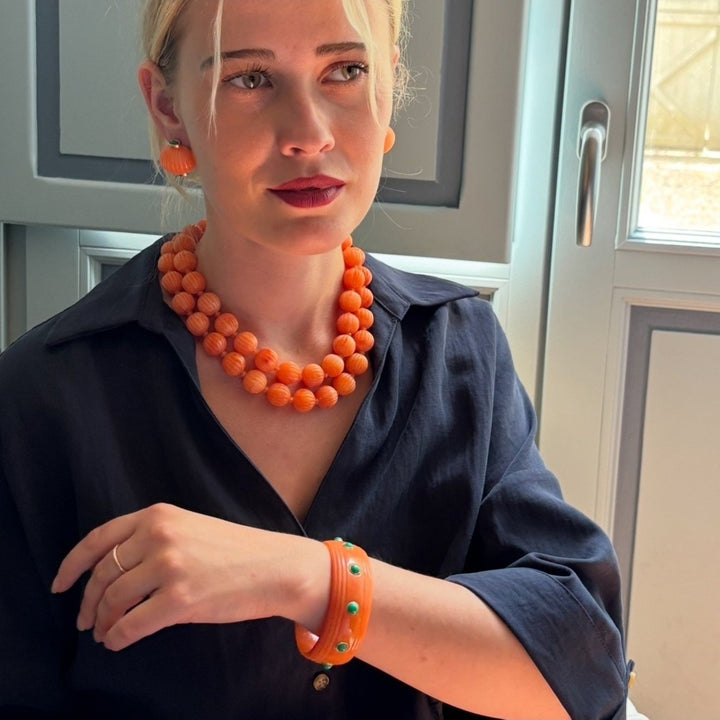 Vicenza Coral Resin Carved Seventeen And One Halfinches Melon Bead Necklace