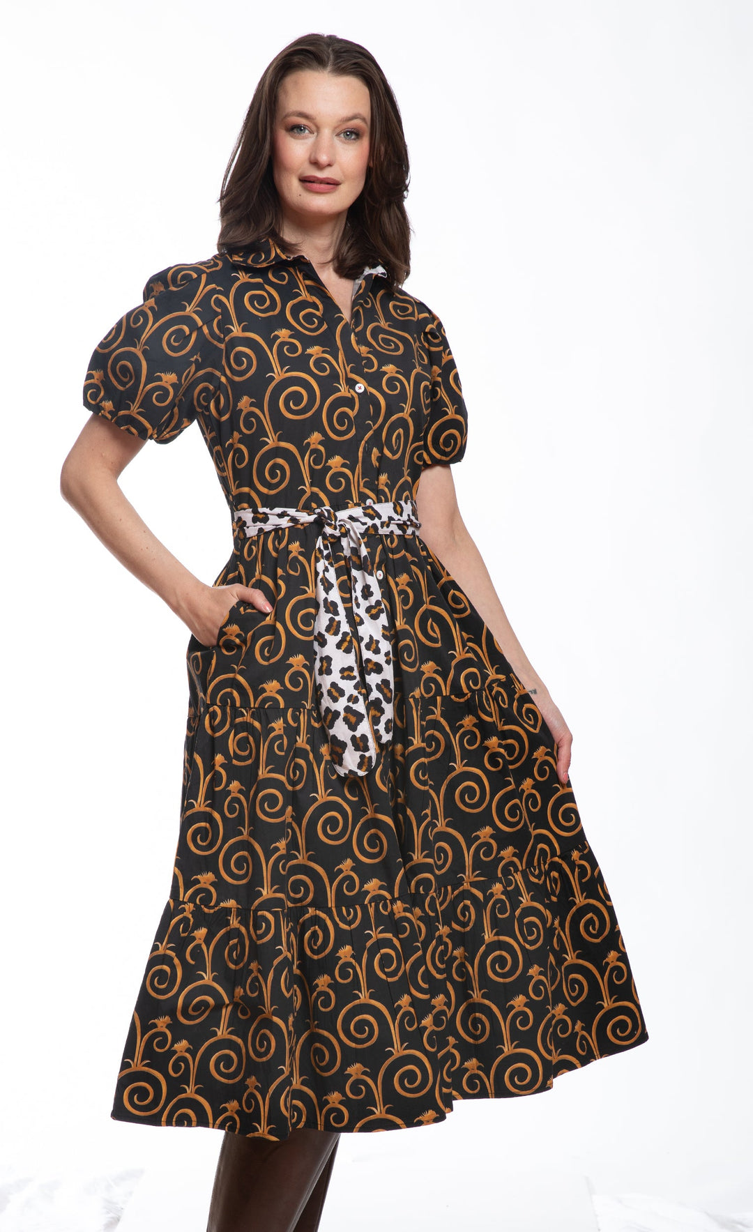 Litchfield Dress Black and Gold Swirl Print