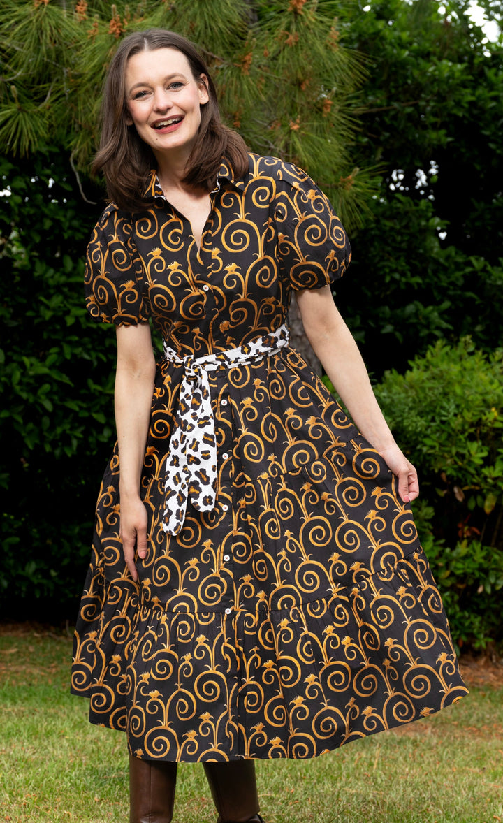Litchfield Dress Black and Gold Swirl Print