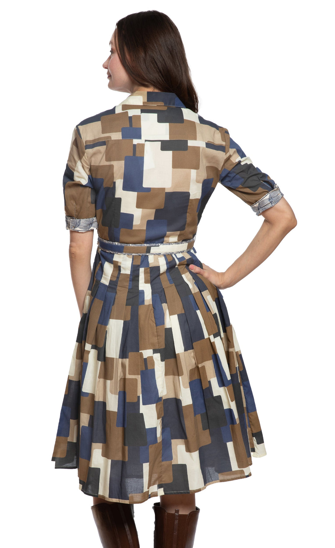 Mrs Maisel Shirtwaist Dress Chocolate Blue Squares Print