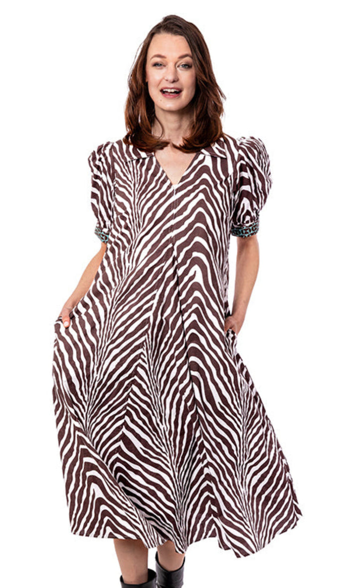 Montauk Dress Chocolate Ivory Tiger Stripes