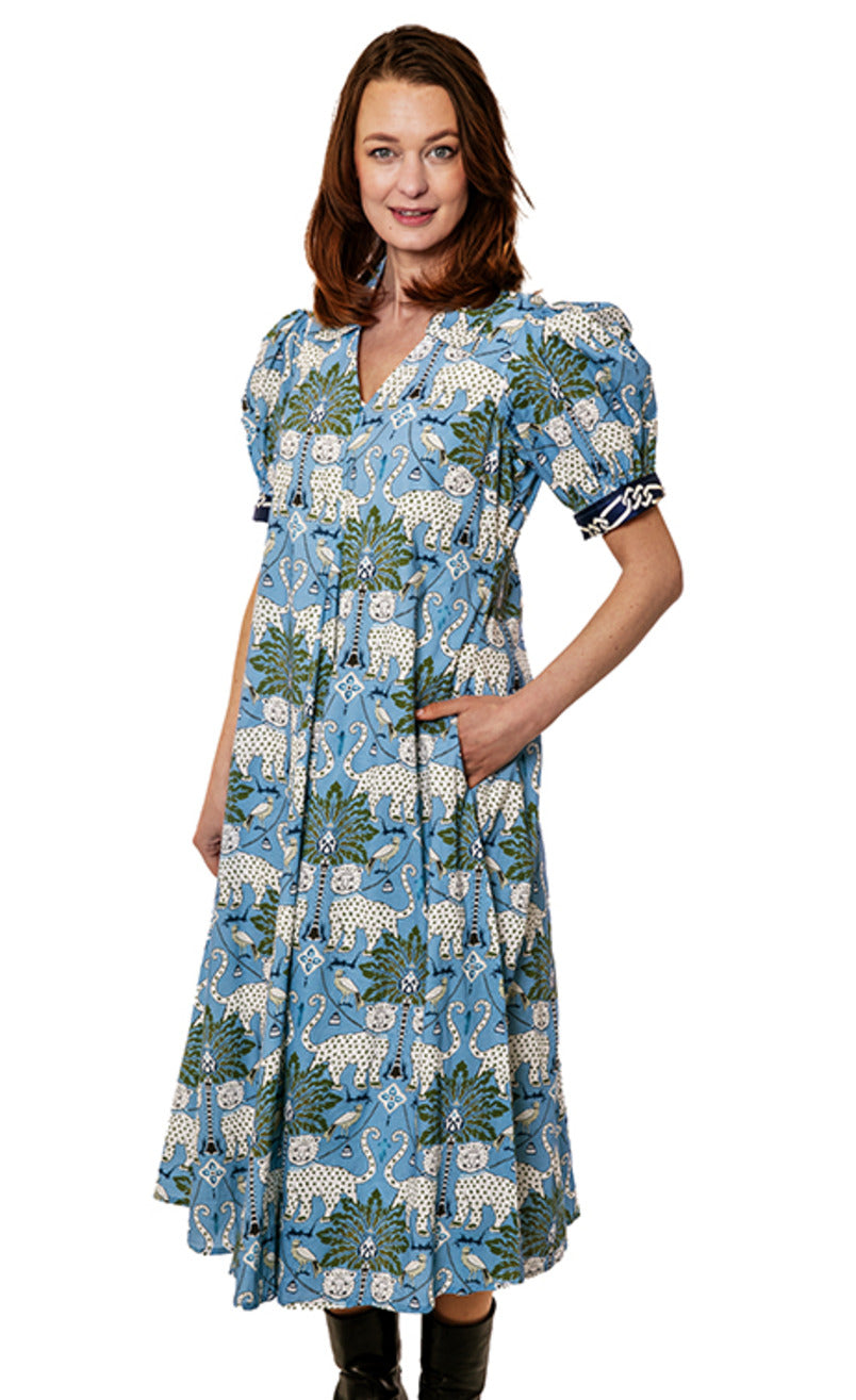 Montauk Dress Blue Ground with Cheetahs