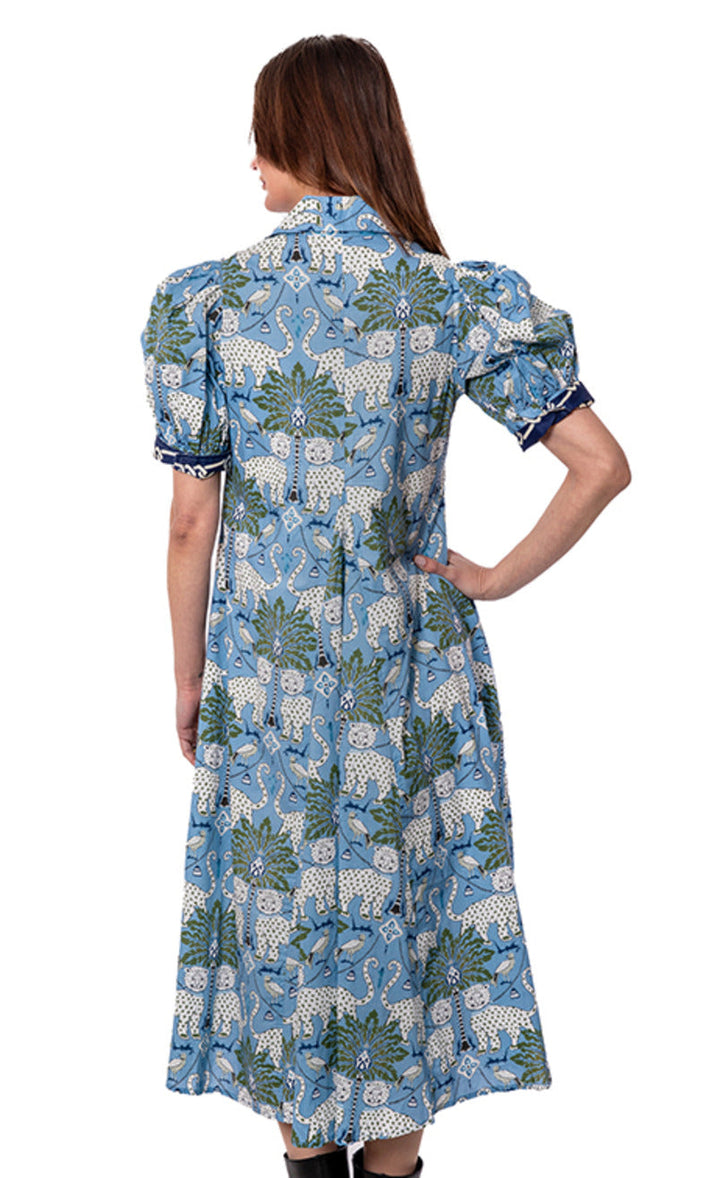 Montauk Dress Blue Ground with Cheetahs