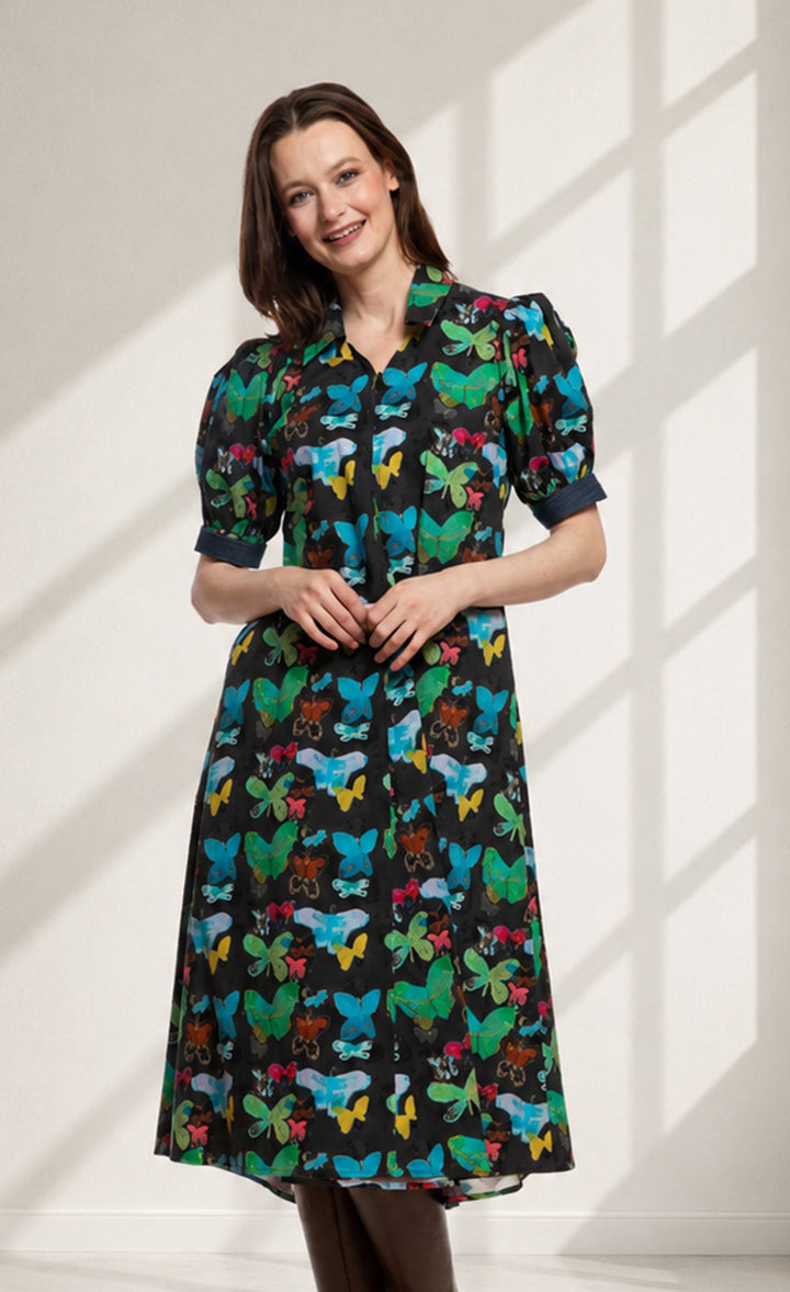 Montauk Dress Black with Butterfly Print