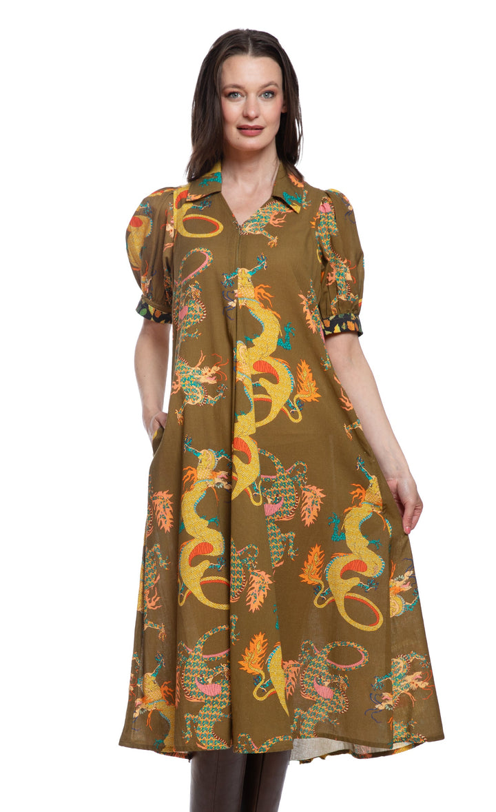 Montauk Dress Olive Dragon Print
