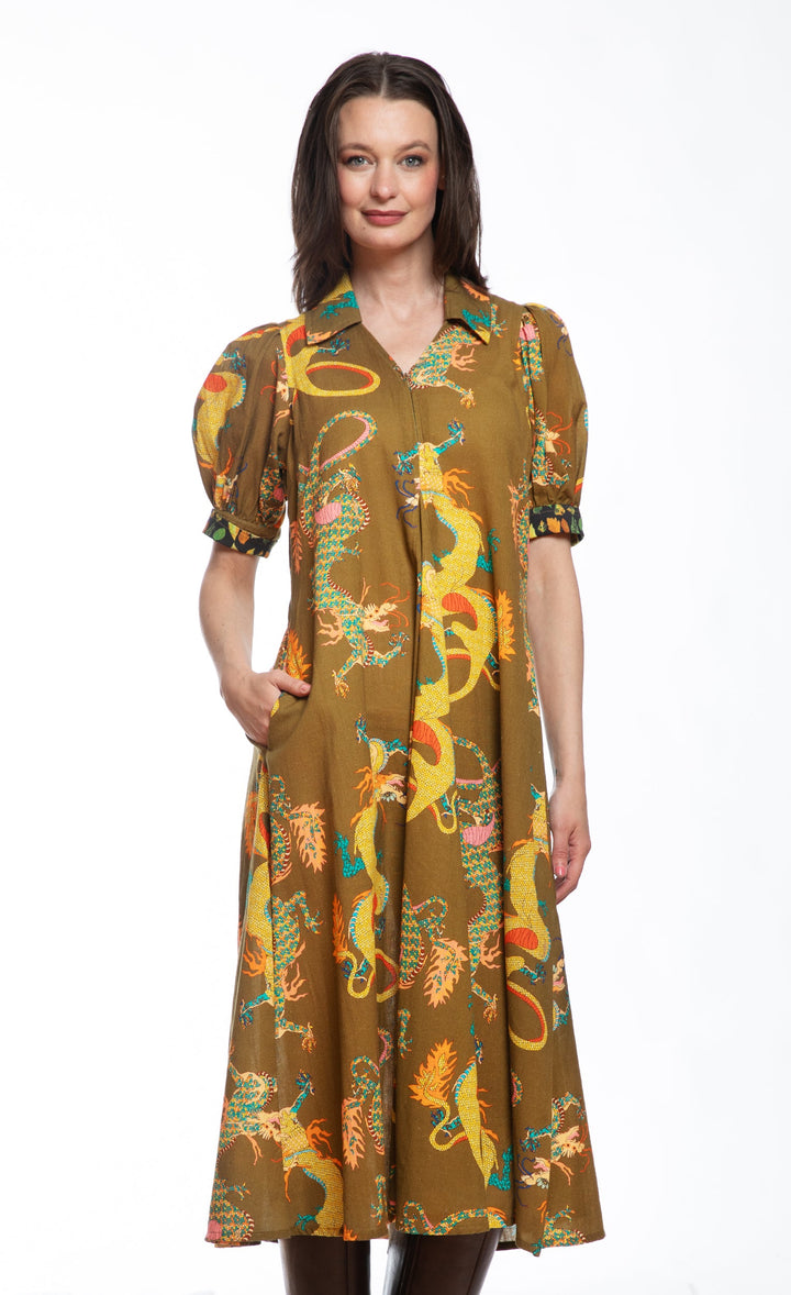 Montauk Dress Olive Dragon Print