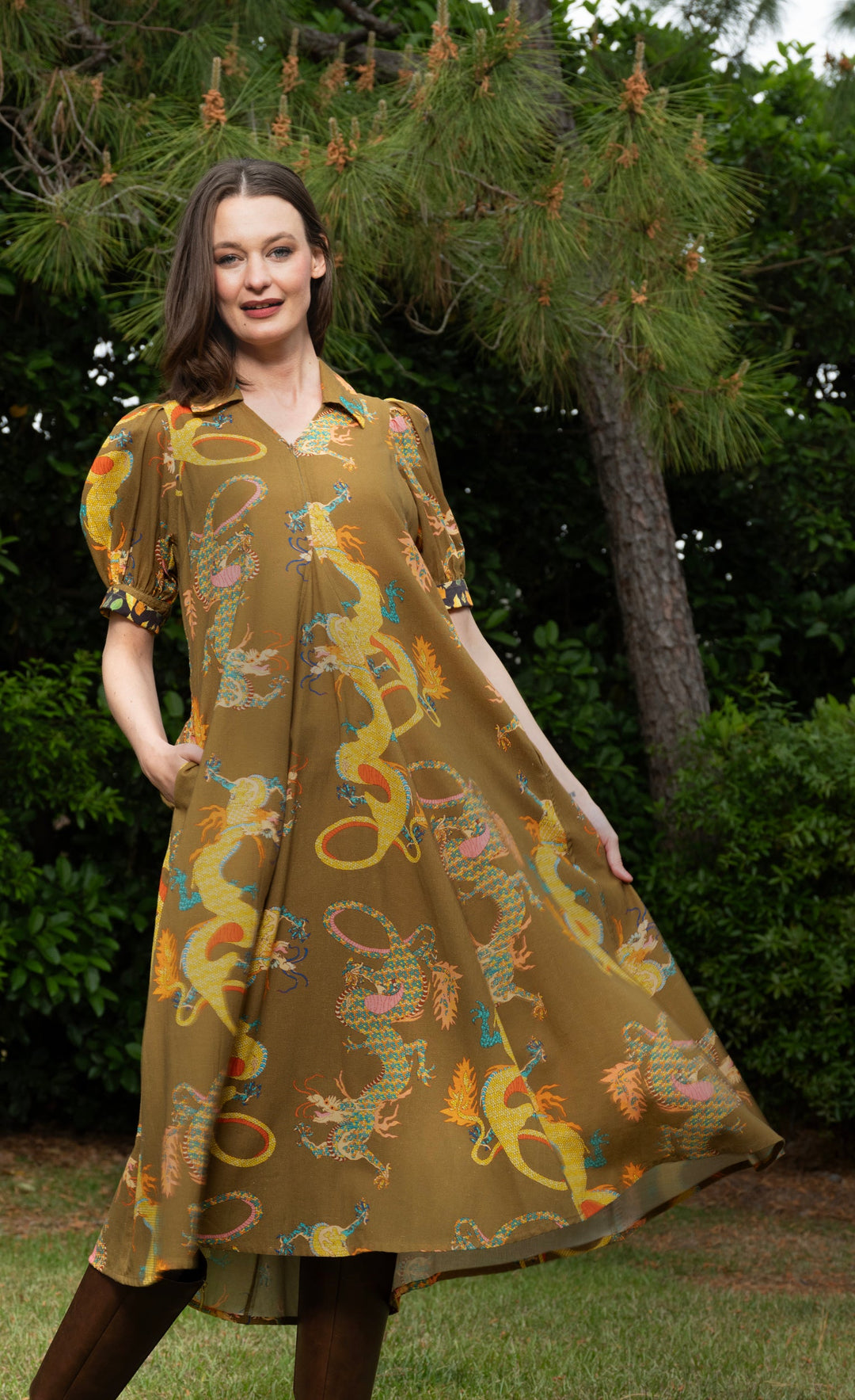 Montauk Dress Olive Dragon Print