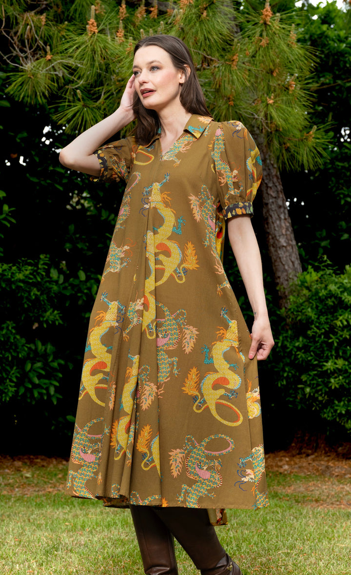 Montauk Dress Olive Dragon Print