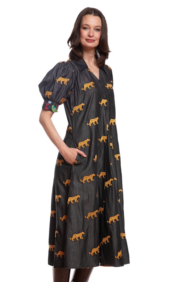 Montauk Dress Black with Embroidered Cheetahs