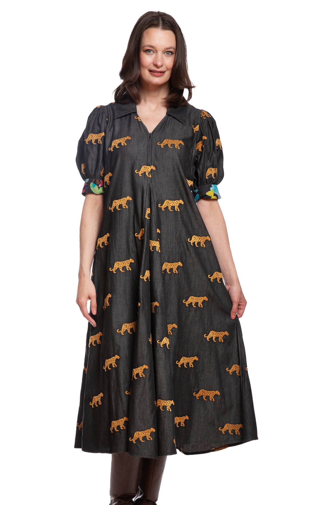 Montauk Dress Black with Embroidered Cheetahs