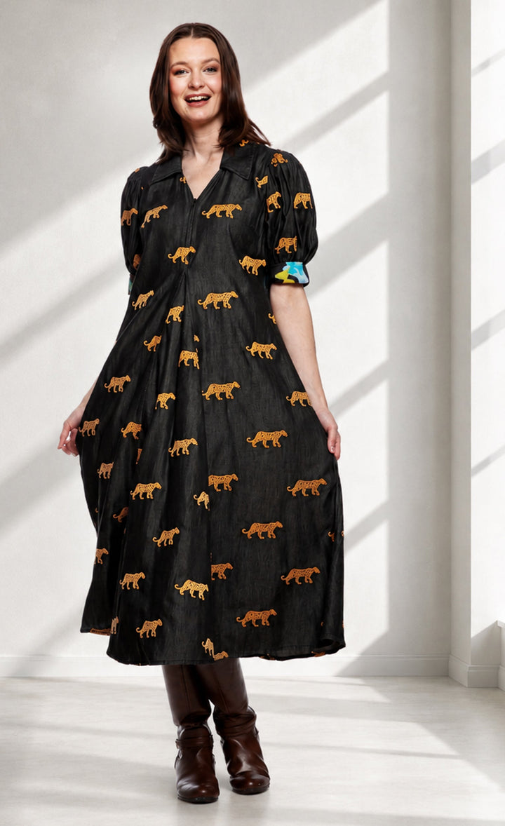 Montauk Dress Black with Embroidered Cheetahs