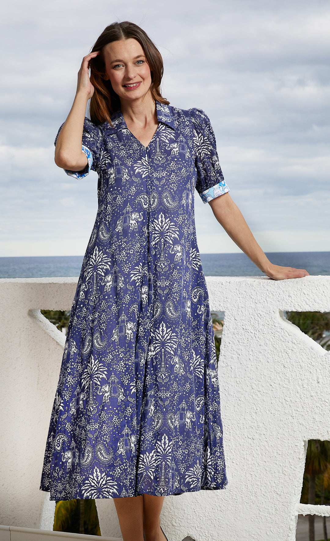 Montauk Dress Navy Elephants And Palm Trees