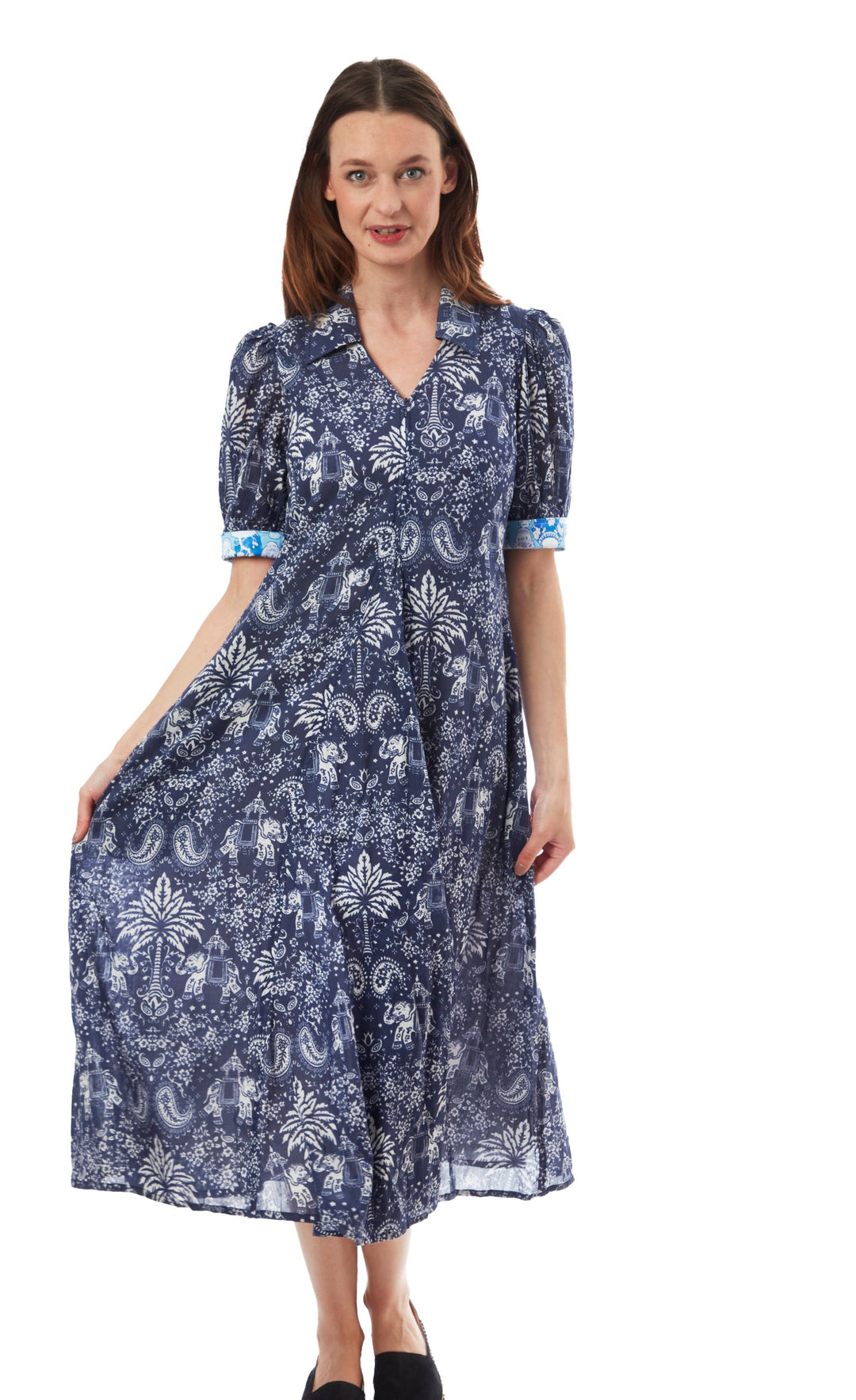 Montauk Dress Navy Elephants And Palm Trees