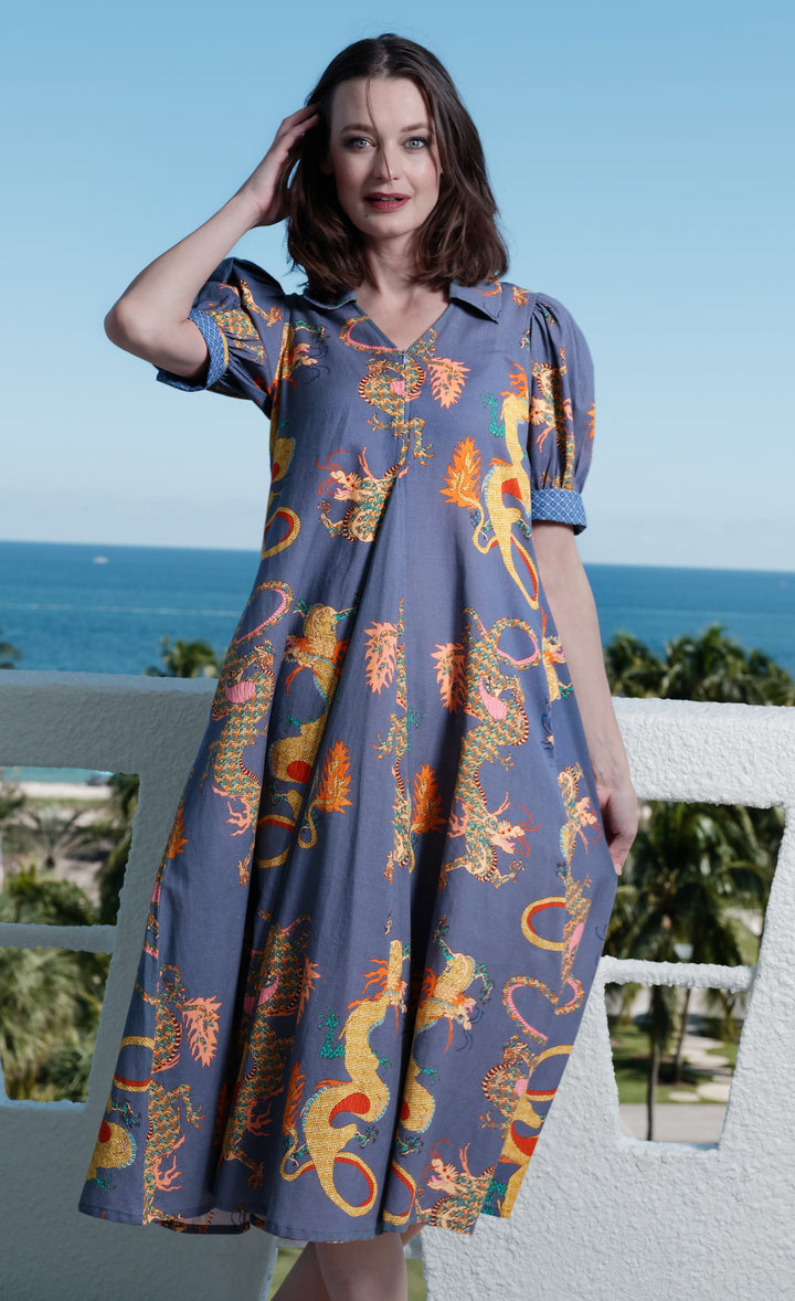 Montauk Dress Linen Cotton Blue Dragons Print