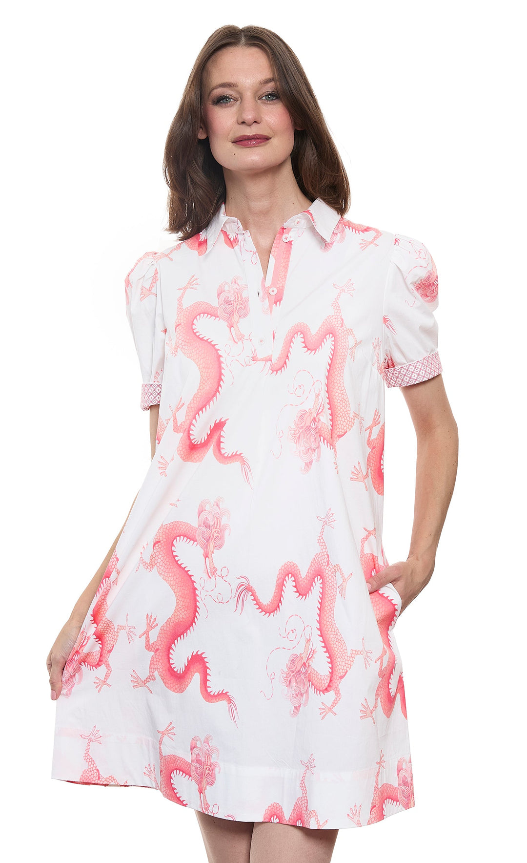 Left Bank Puff Sleeve Cotton Dress in Coral Wht Dragon Print