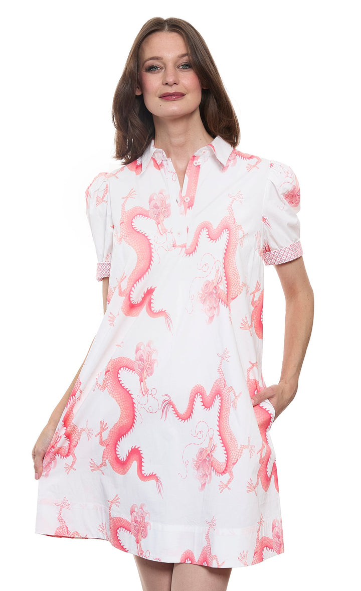 Left Bank Puff Sleeve Cotton Dress in Coral Wht Dragon Print