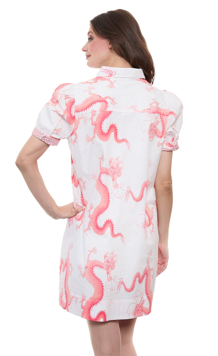 Left Bank Puff Sleeve Cotton Dress in Coral Wht Dragon Print