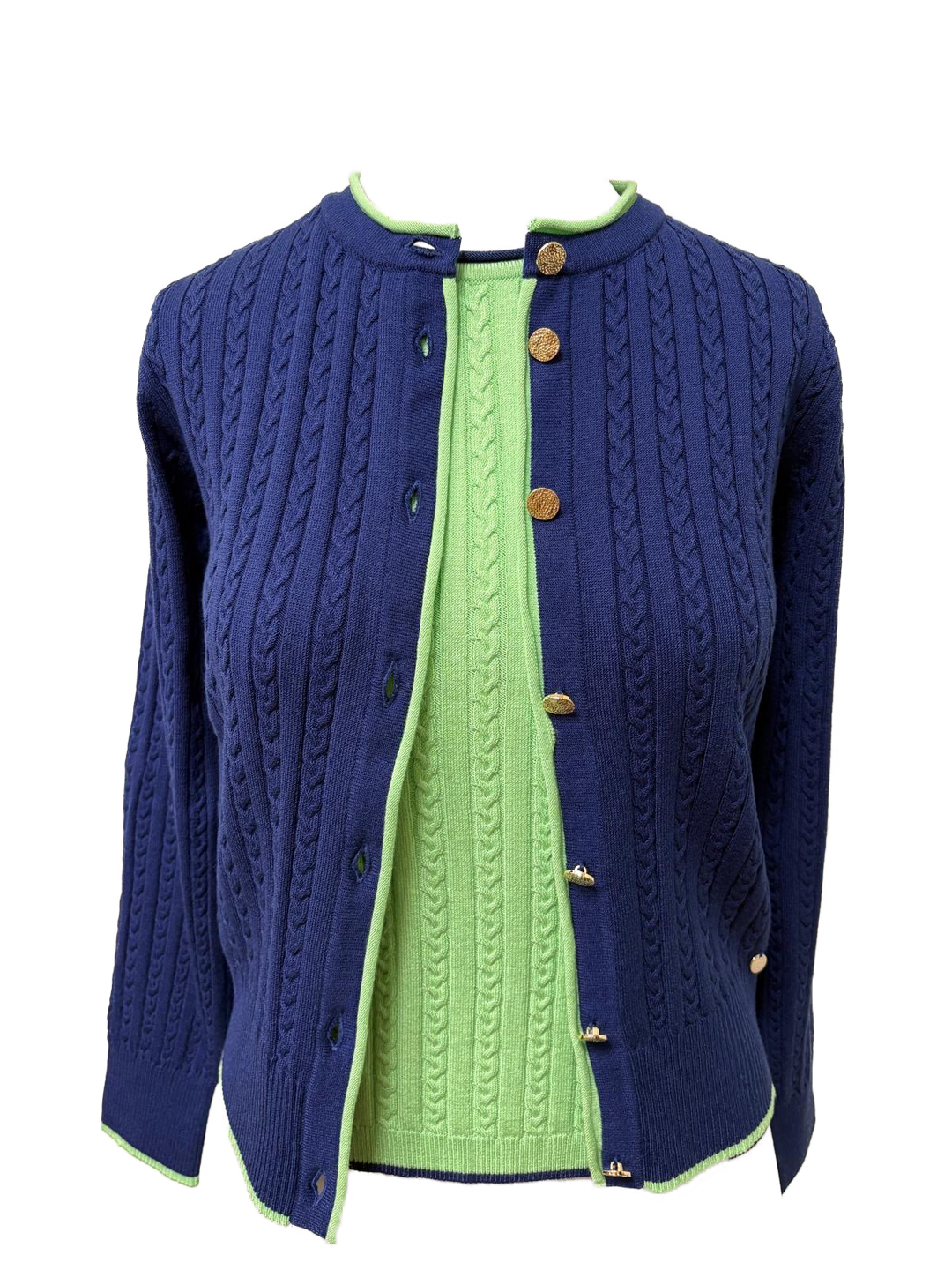 Kristin Cable-Knit Cardigan, Navy / Lime