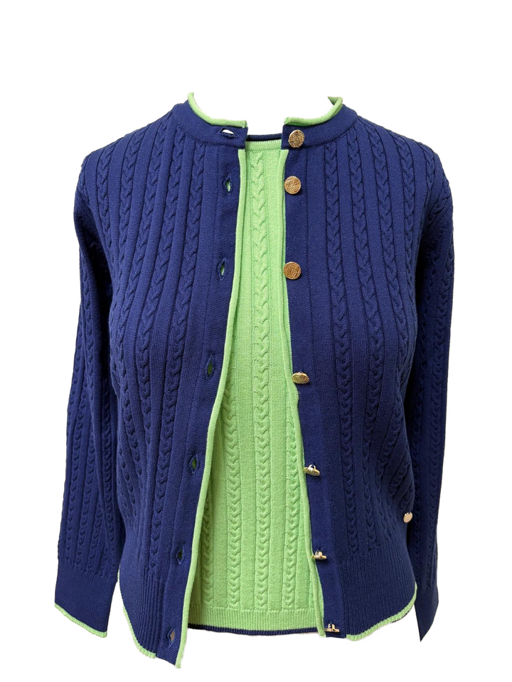 Kristin Cable-Knit Cardigan, Navy / Lime