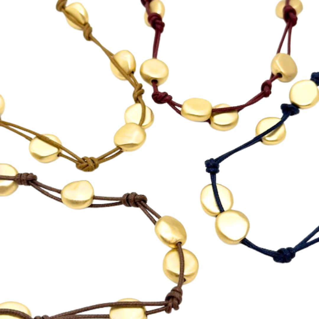 Matte Gold Bead Woven Necklace On Bronze Linen