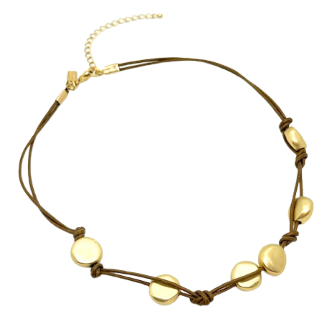 Matte Gold Bead Woven Necklace On Bronze Linen