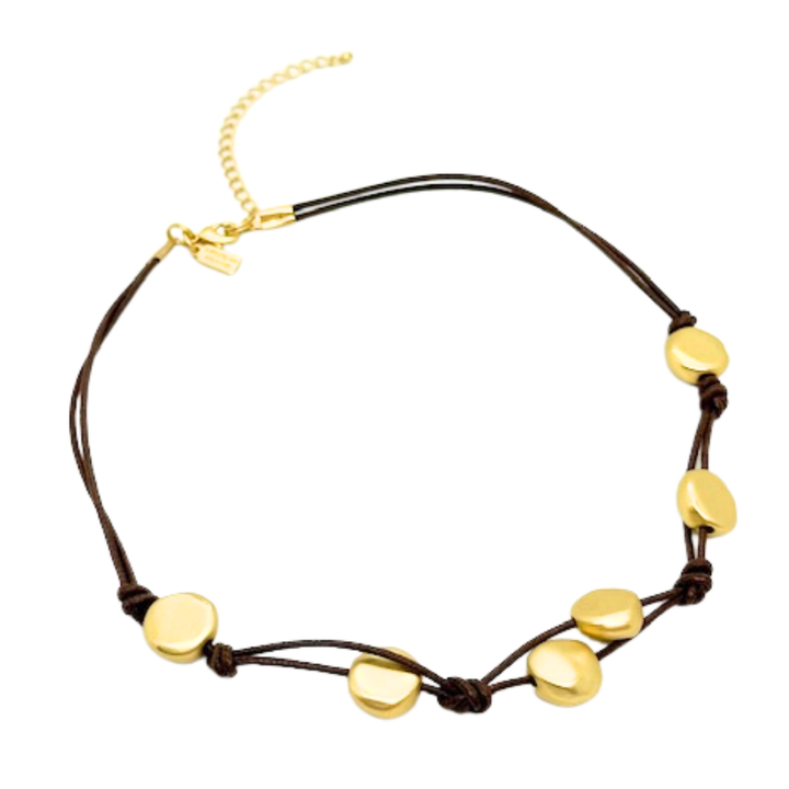 Matte Gold Bead Woven Necklace On Chocolate Linen