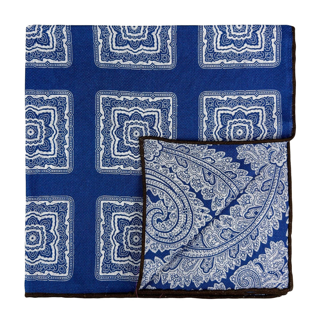 Reversible Silk Pocket Square - Paisley & Medallion - Blue White