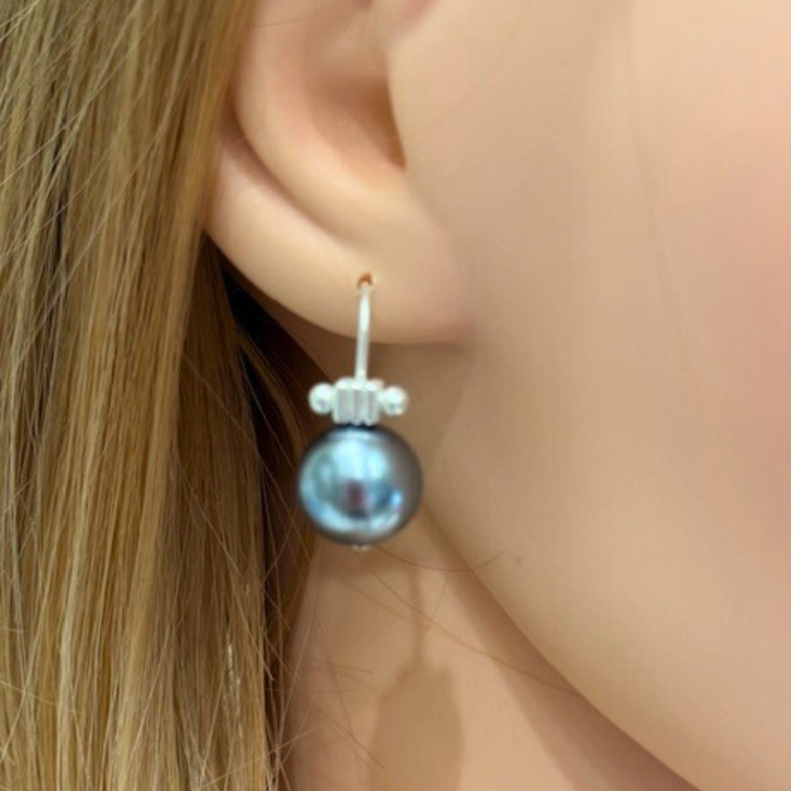 Grey Pearl And Matte Silver Column Top Earrings