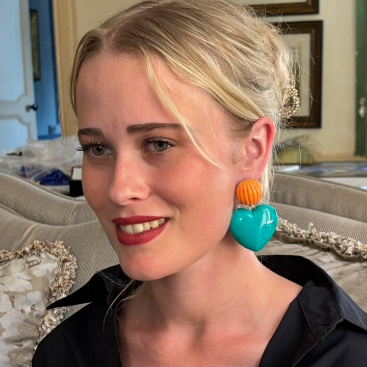 Amour Carved Coral Resin With Jade Resin Heart Drop Earrings