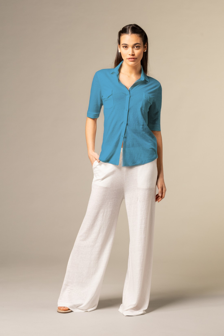 Stretch Linen 3/4 Sleeve Pocket Shirt - Bleu Taormina