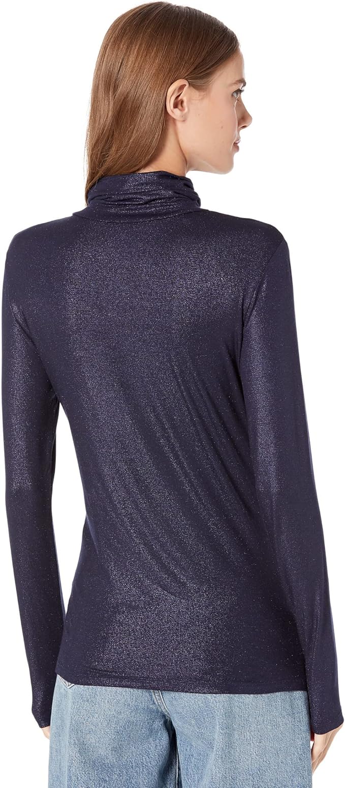 Soft Touch Lurex Metallic Turtleneck Top - Metal Navy