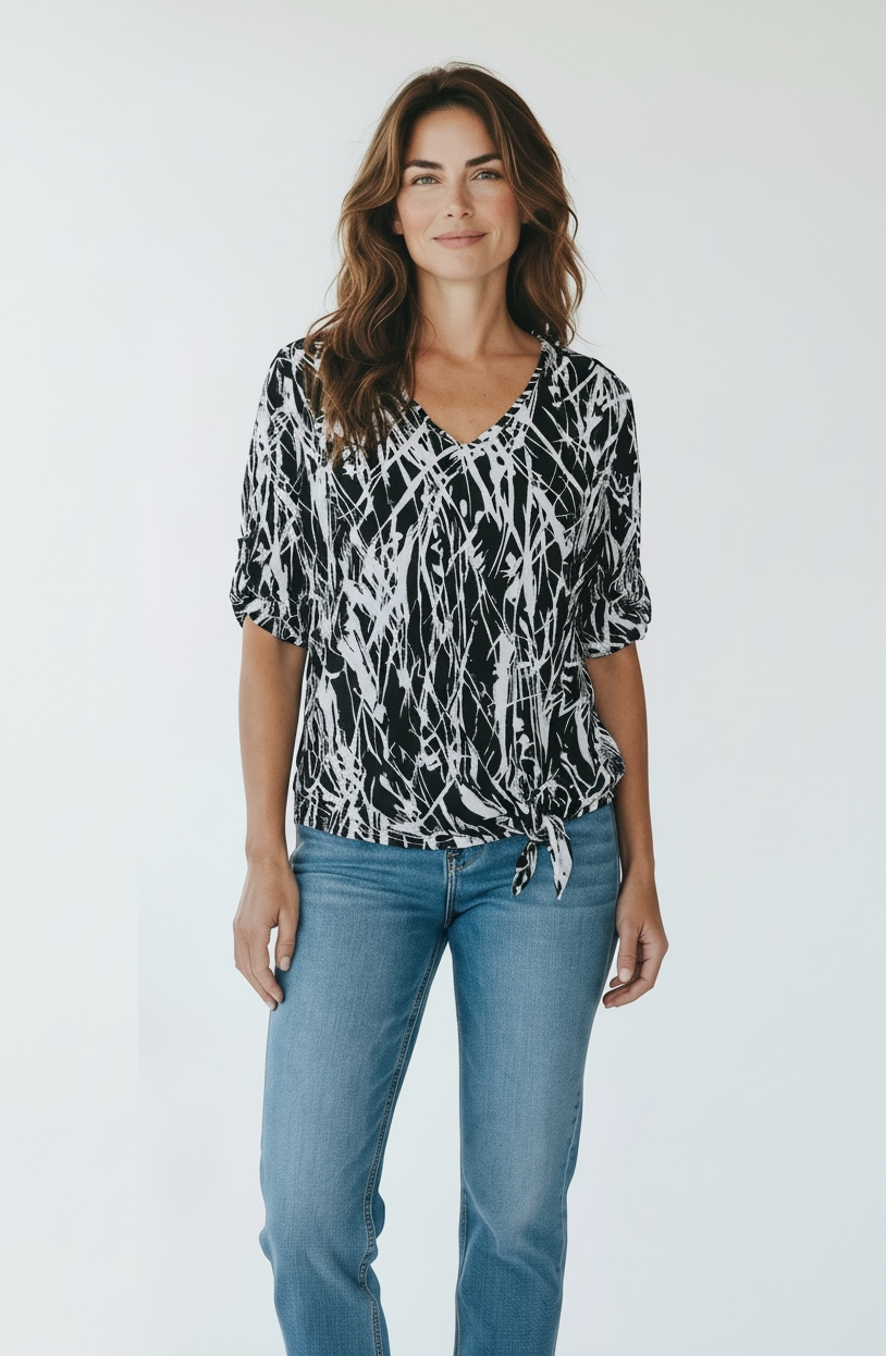 Printed Crinkle V-Neck Tie Front Top
