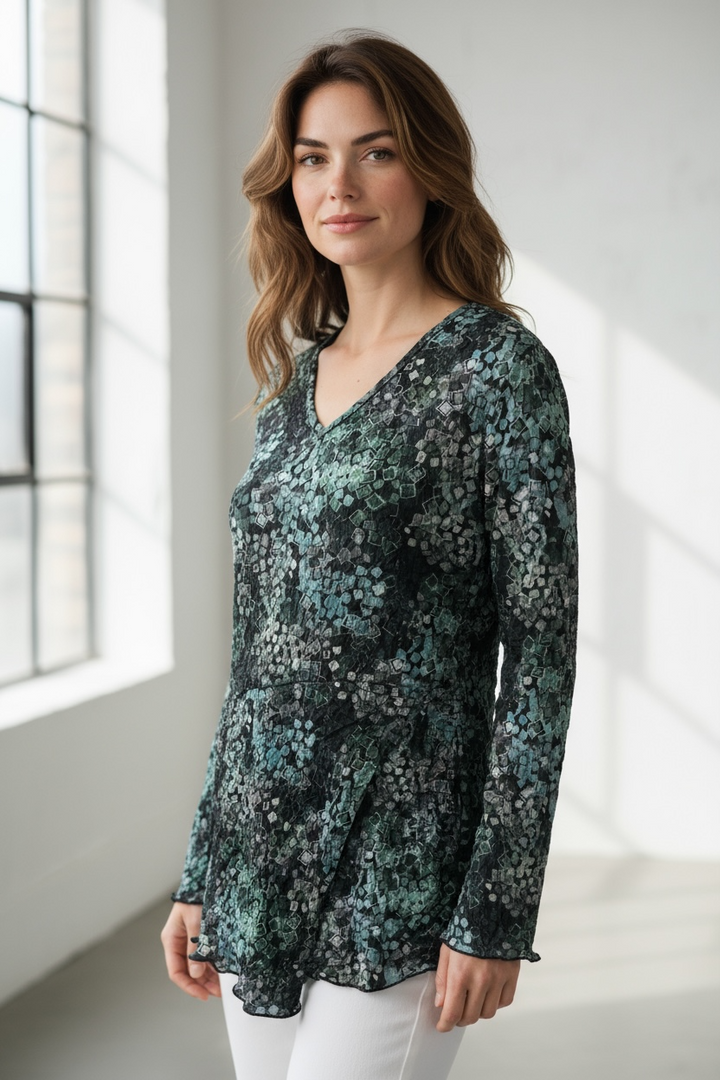 Printed Crinkle V-neck Asymmetrical Hem Top