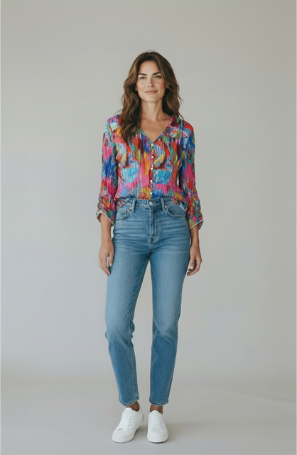 Printed Crinkle V-Neck Button Shirt