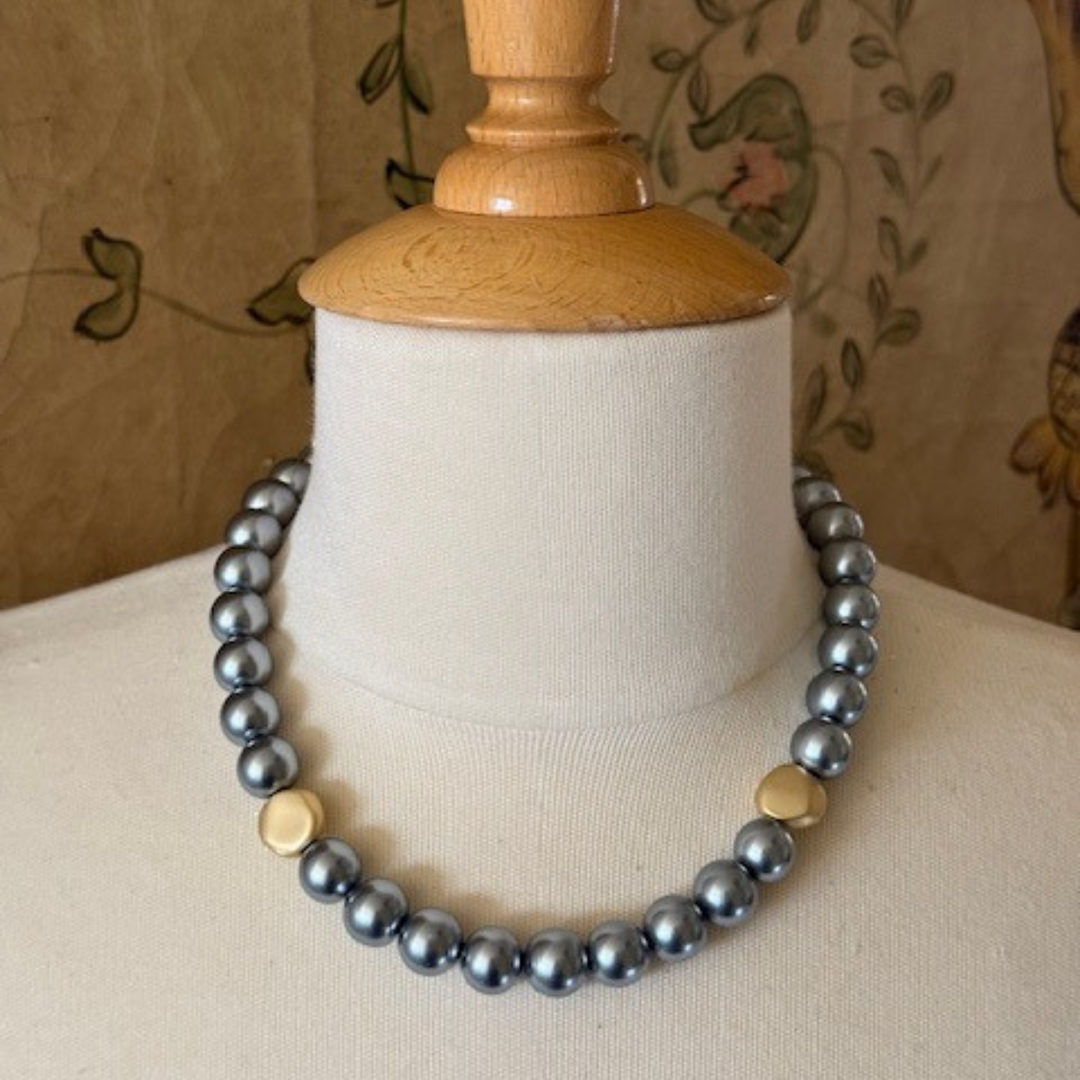 Grey Pearl With Matte Silver Bead Accent Necklace
