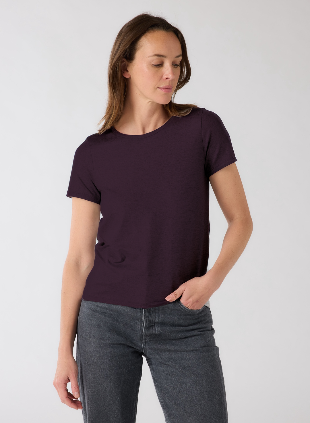 Soft Touch Metallic Short Sleeve Semi Relaxed Crewneck - Aubergine