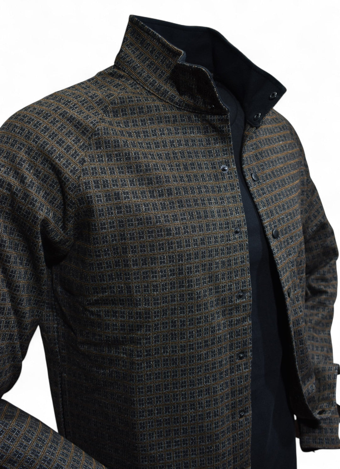 The perfect combination of chocolate and black with a touch of tan in a cool contemporary snap front shacket model by Marcello.