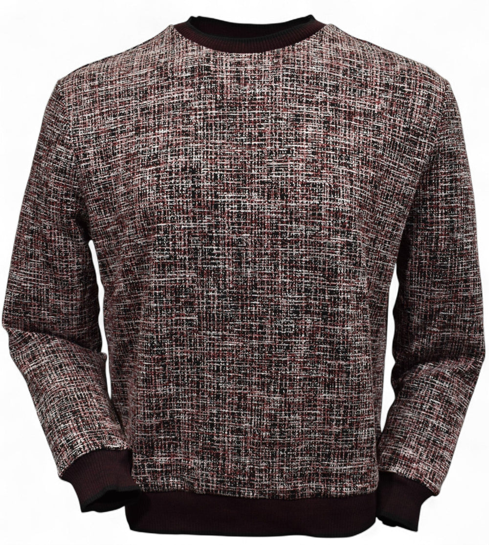 This classic crew neck sweater features a rich combination of ruby red, ivory and black, sweater by Marcello