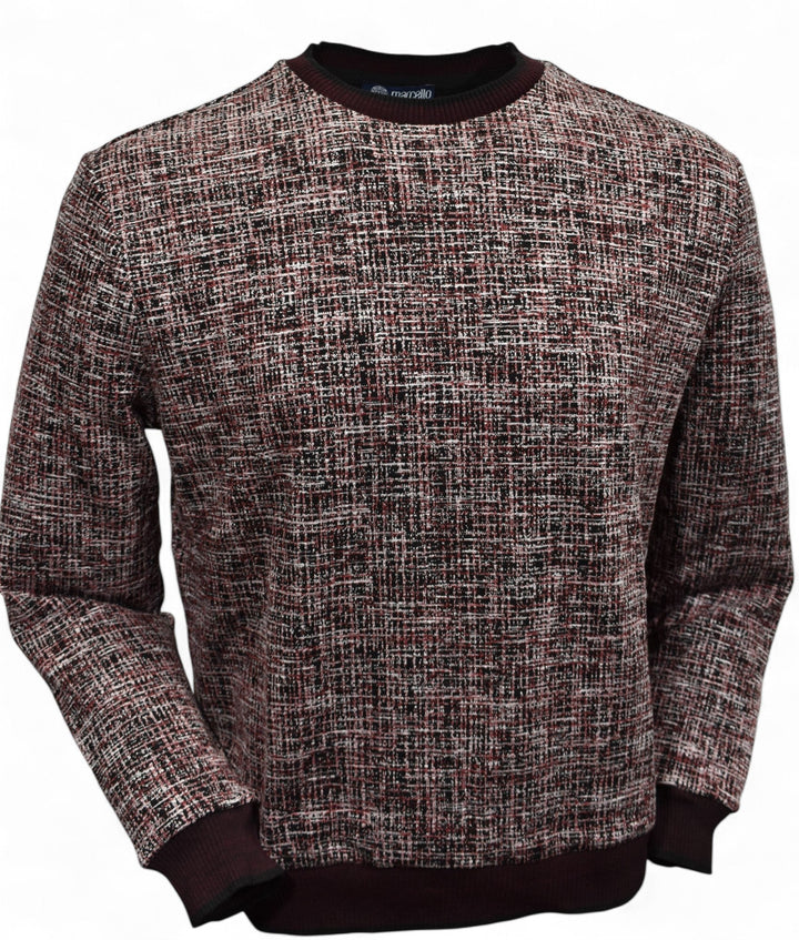 This classic crew neck sweater features a rich combination of ruby red, ivory and black, sweater by Marcello