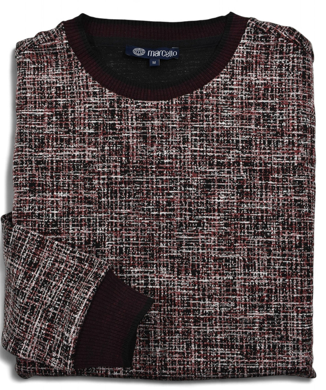 This classic crew neck sweater features a rich combination of ruby red, ivory and black, sweater by Marcello