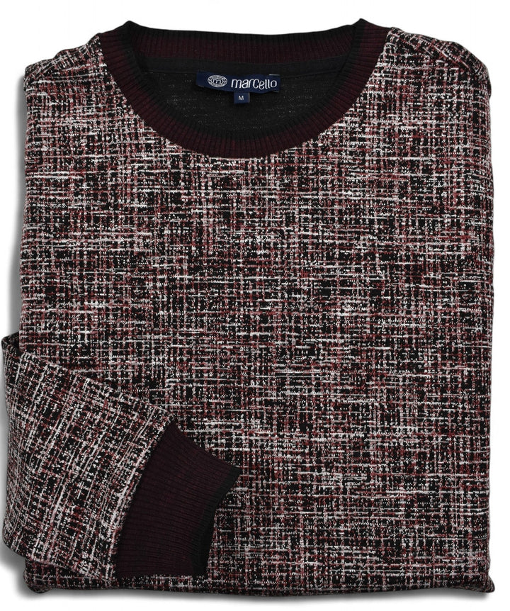 This classic crew neck sweater features a rich combination of ruby red, ivory and black, sweater by Marcello
