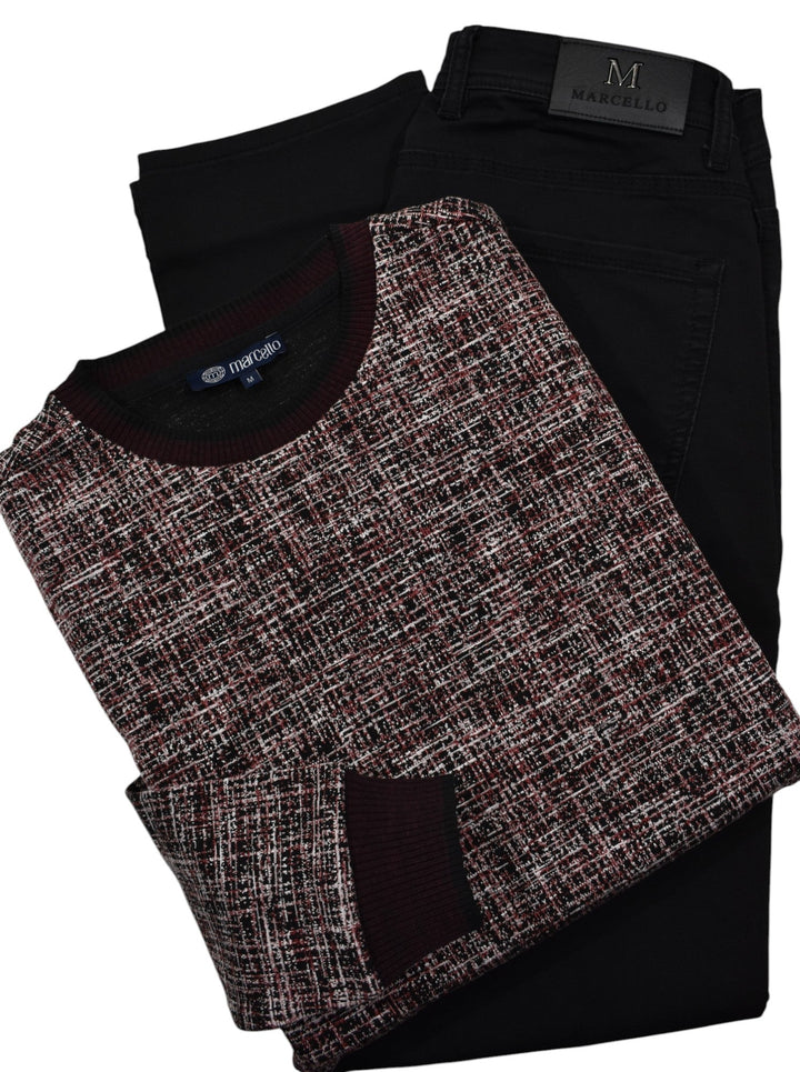 This classic crew neck sweater features a rich combination of ruby red, ivory and black, sweater by Marcello