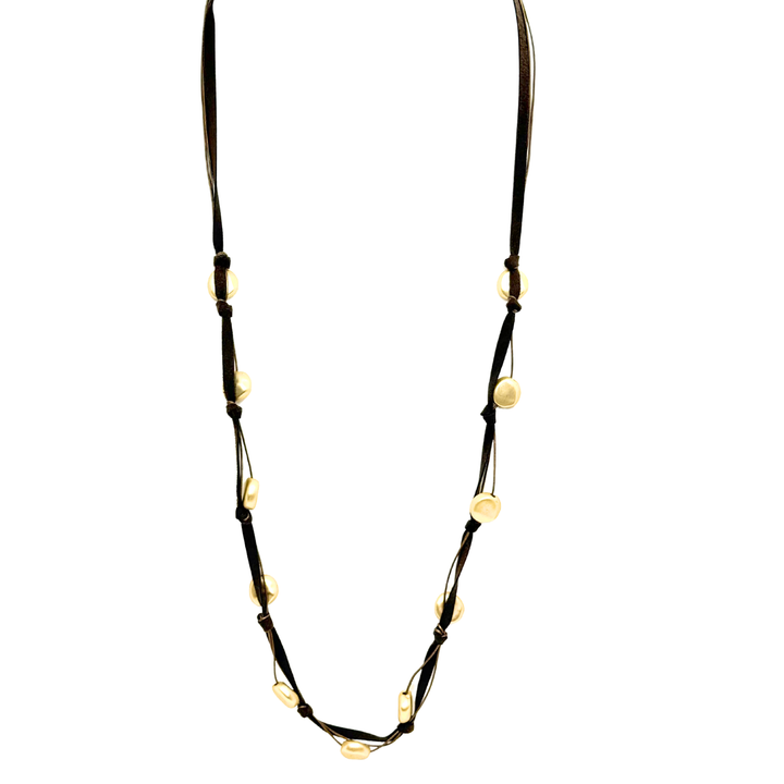 Matte Gold Beads On Chocolate Suede And Bronze Leather Long Necklace