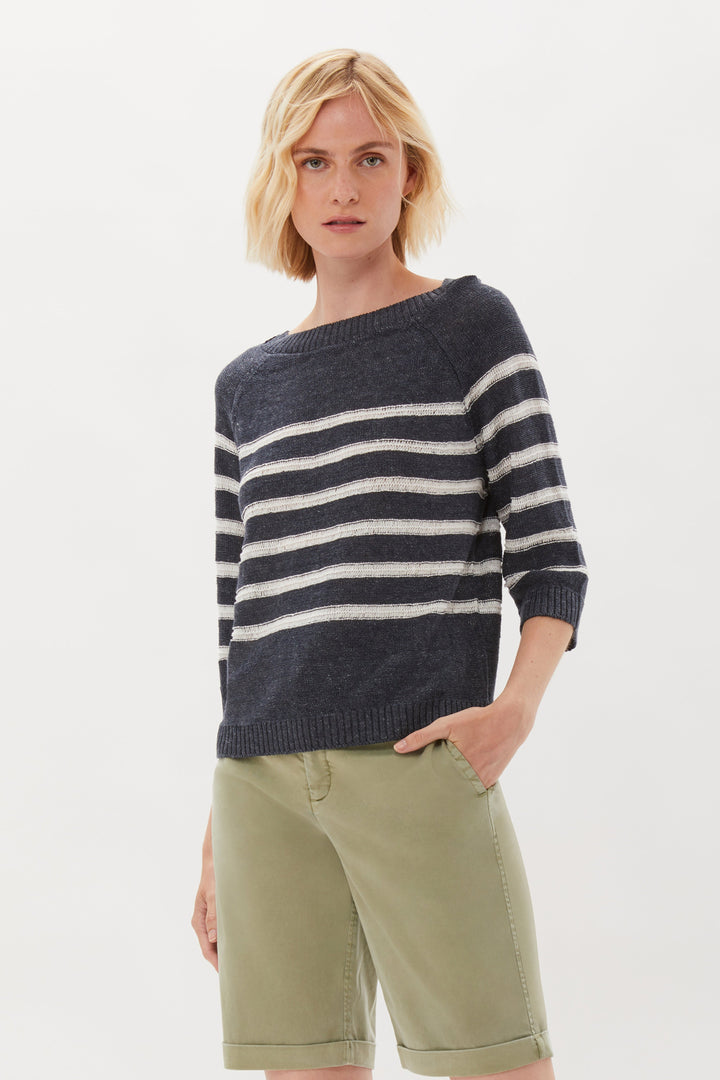 Open Stitch Breton Stripe Sweater - Dark Sapphire/ Optic White