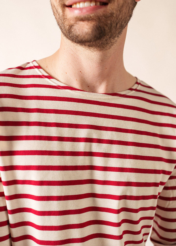 MINQUIERS MODERN - Authentic Breton Stripe Shirt | Soft Cotton | Men Fit (ECRU / MAROON)